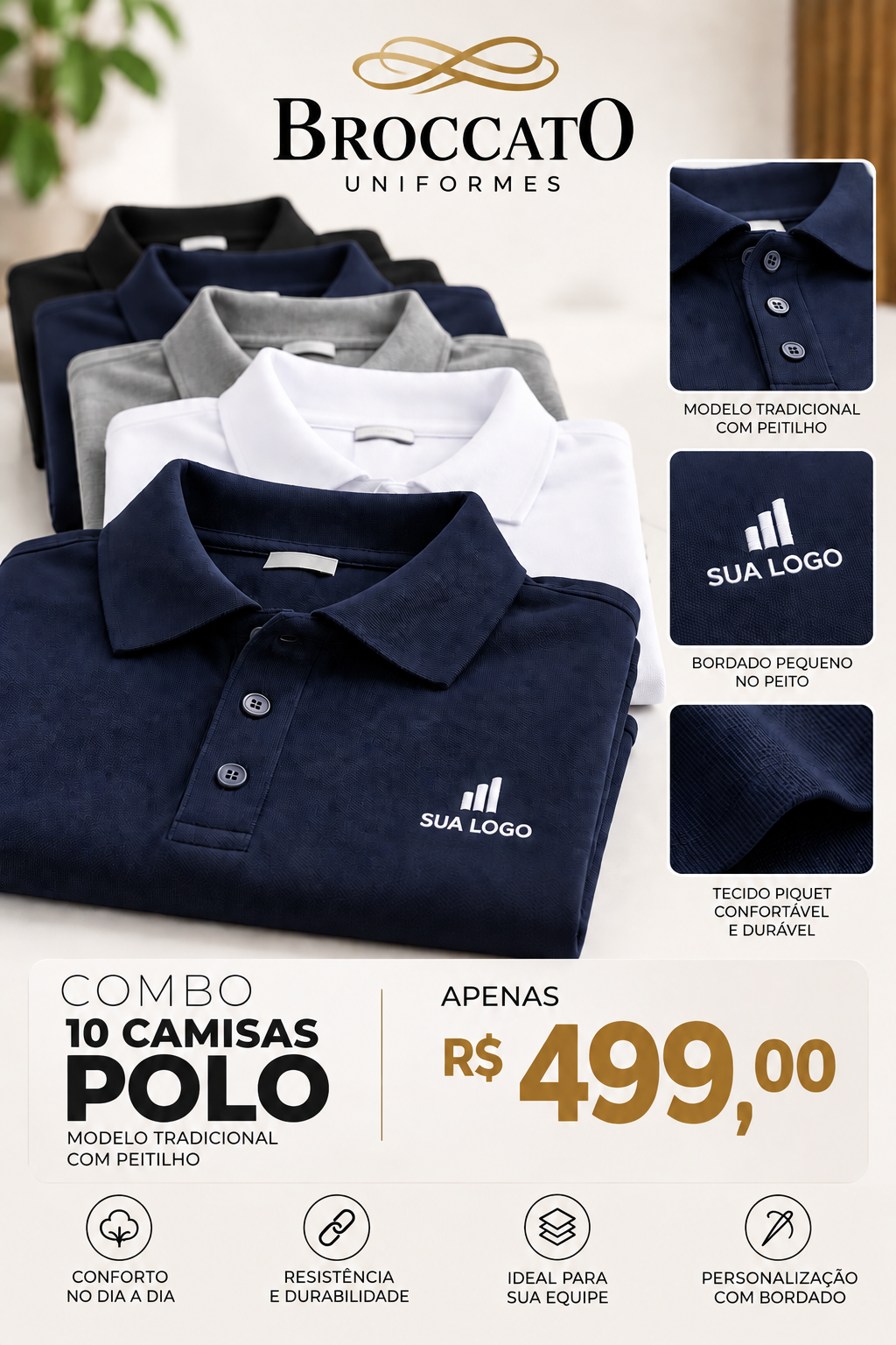 Combo 10 Camisas Polo personalizada no peito por R$ 499,00 * Promoção *